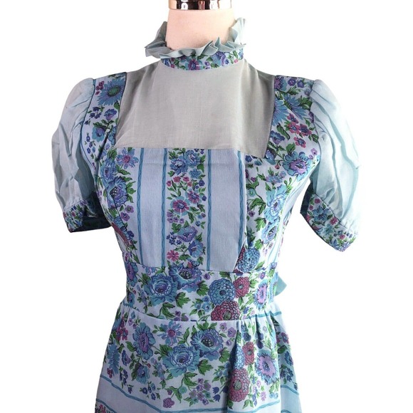 Vintage 60s Cari Lyn Prairie Dress Blue Floral Garden Cottagecore Maxi - Picture 3 of 16